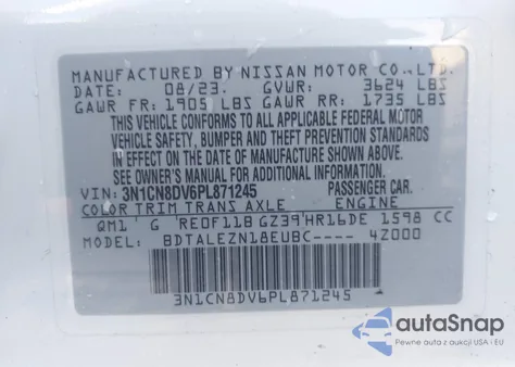 2023 Nissan Versa 1.6 S Xtronic Cvt z USA, uszkodzony, nr VIN 3N1CN8DV6PL871245